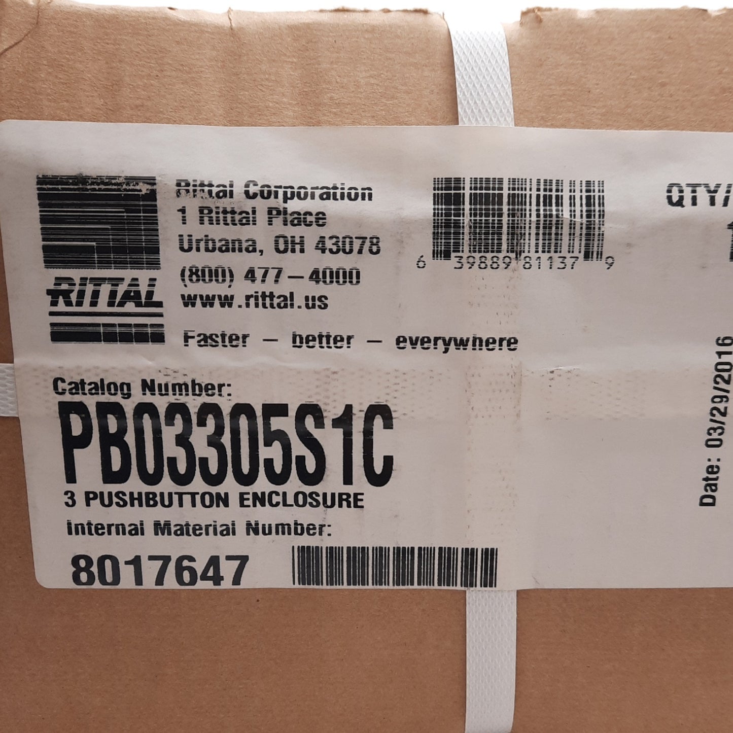 New Rittal PB03305S1C Pushbutton Enclosure, 3-Hole, ø30.5mm, NEMA 12, Steel