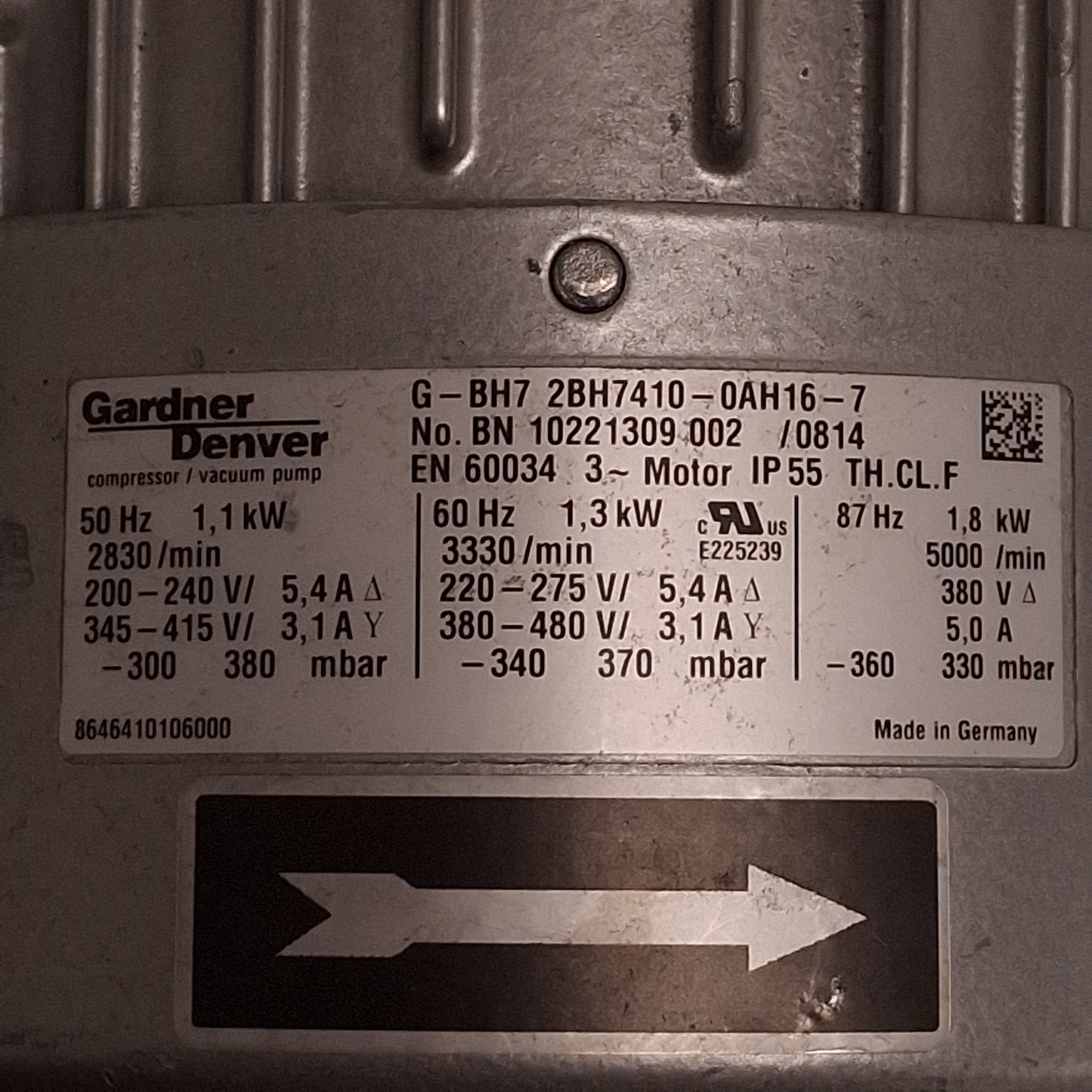 Used Gardner Denver 2BH7410-0AH16-7 Side Channel Blower, 3Ø 220-275△/380-480Y, 1.3kW