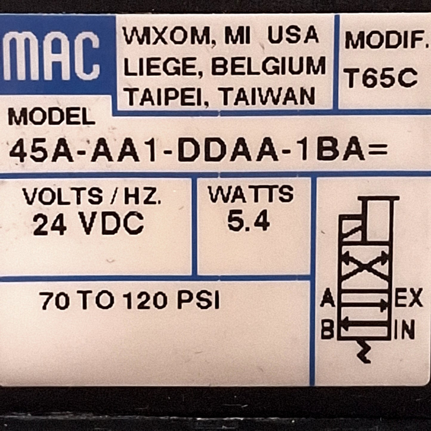 Used MAC 45A-AA1-DDAA-1BA Solenoid Valve, Cv=0.15, 70-120PSI, 1/8in NPTF, 24VDC Coil