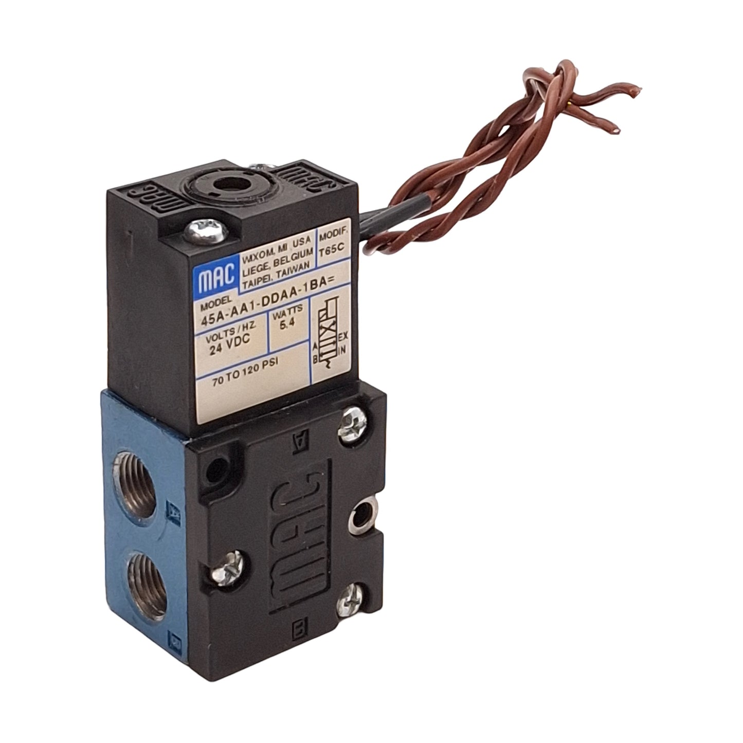 Used MAC 45A-AA1-DDAA-1BA Solenoid Valve, Cv=0.15, 70-120PSI, 1/8in NPTF, 24VDC Coil