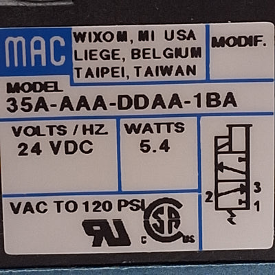 New – Open box MAC 35A-AAA-DDAA-1BA Solenoid Valve, Cv=0.17, VAC-120PSI, 1/8in NPTF, 24VDC Coil