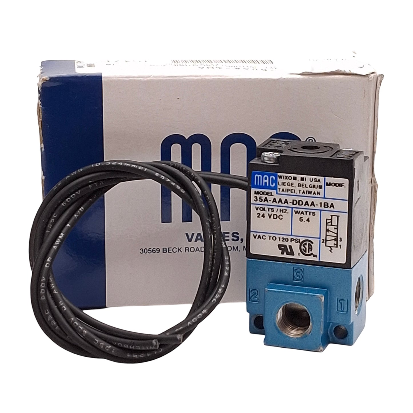 New – Open box MAC 35A-AAA-DDAA-1BA Solenoid Valve, Cv=0.17, VAC-120PSI, 1/8in NPTF, 24VDC Coil