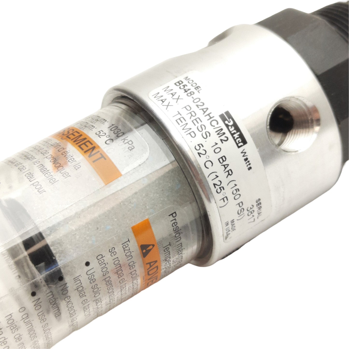 New Parker B548-02AHC/M2 Filter Regulator, 1/4in NPT, 0-125psi Set, 20µm, 12 SCFM