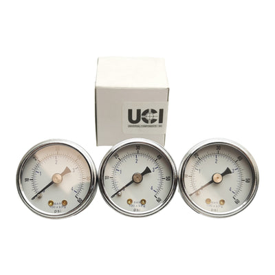 New Lot of 3 UCI SAD1501-60 Pressure Gauge, ø1.50in, 0-60psi, 0-4BAR, 1/8in NPT