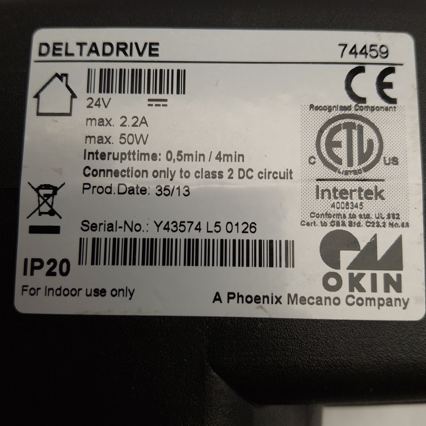 Used Okin DeltaDrive 74459 Electric Actuator Lift System, 12in Stroke, 1500N, 24VDC
