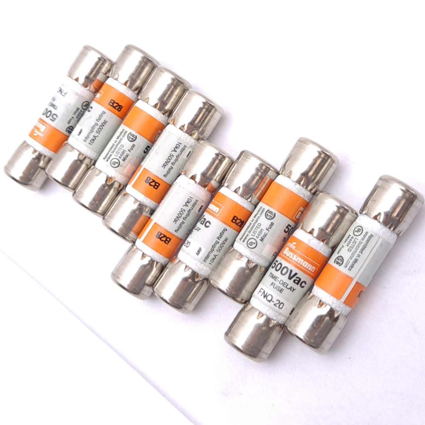 New Lot of 9 Bussmann FNQ-20 Midget Time-Delay Fuses, 500VAC 20A, 10kA Interrupt