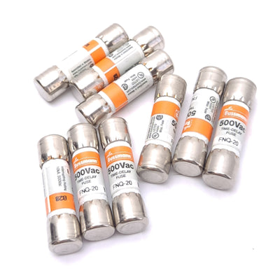 New Lot of 9 Bussmann FNQ-20 Midget Time-Delay Fuses, 500VAC 20A, 10kA Interrupt
