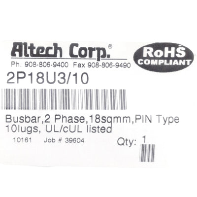 New Altech 2P18U3/10 2 Phase Busbar, 2-Pole, 10-Pin, 480V 80A, Press Fit Mount