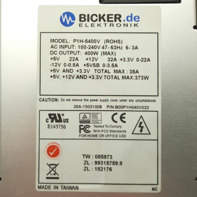 Used Bicker Elektronik P1H-5400V Computer Power Supply 1U 400W 24-Pin 2x Molex 1x FDD