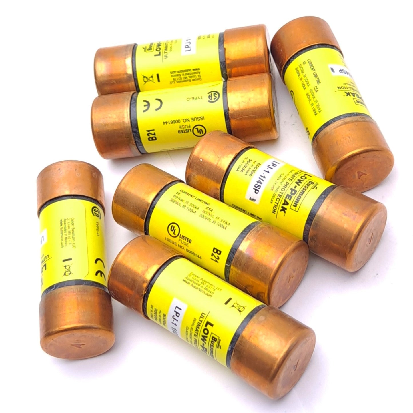 New Lot of 7 Bussmann LPJ-1-1/4SP Time-Delay Fuses, 600VAC/300VDC, 1.25A, Class J