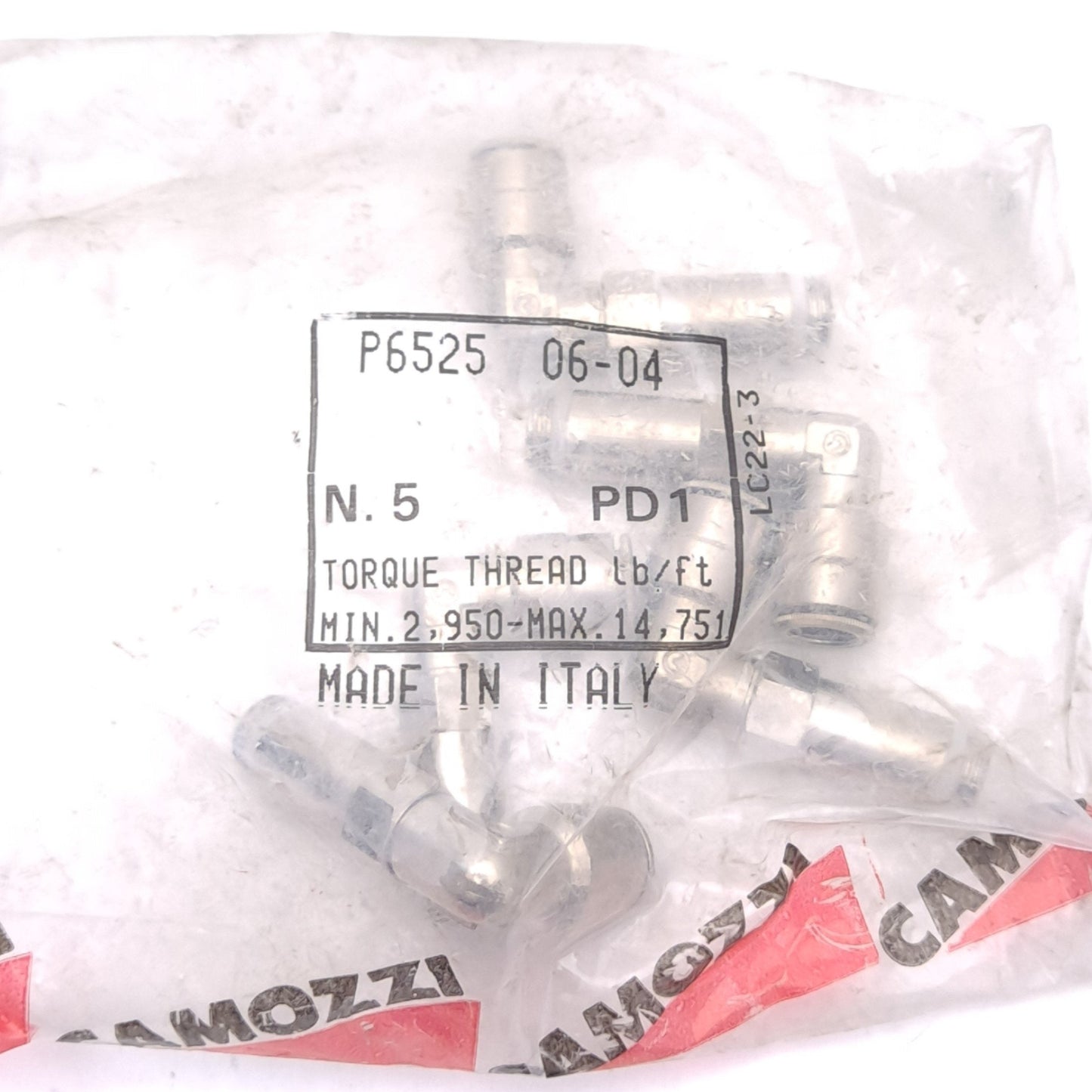 New Lot of 5 Camozzi P6525 06-04 Elbow Fittings, P2C, 3/8in OD, 1/4in NPTF, 16 bar