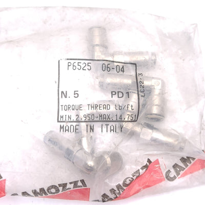 New Lot of 5 Camozzi P6525 06-04 Elbow Fittings, P2C, 3/8in OD, 1/4in NPTF, 16 bar