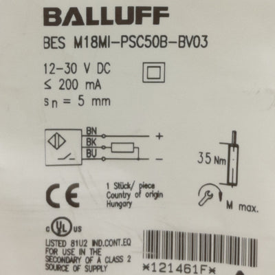 New Balluff BES M18MI-PSC50B-BV03 Proximity Sensor, PNP NO, 10-30VDC, 5mm Range