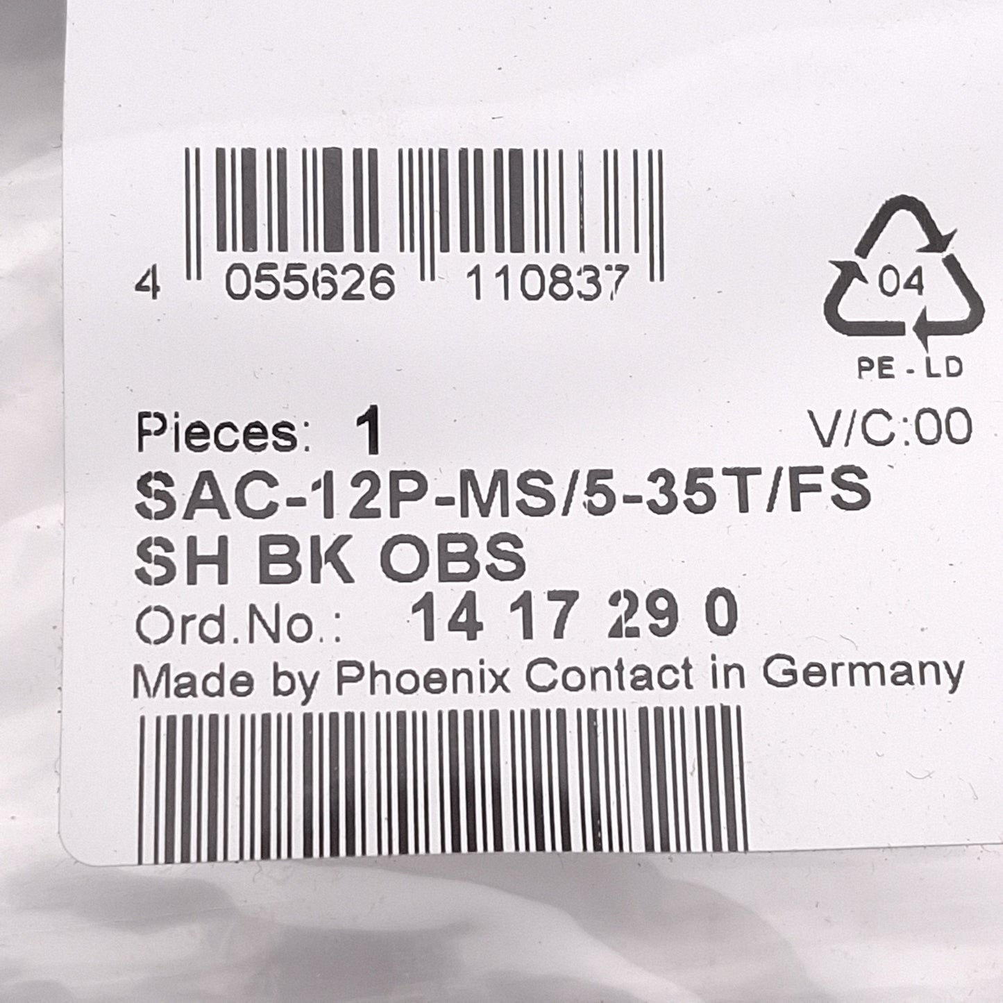 New Phoenix Contact 1417290 Sensor/Actuator Cable, 30V 1.5A, A-Coded, M12 12-Pin, 5m