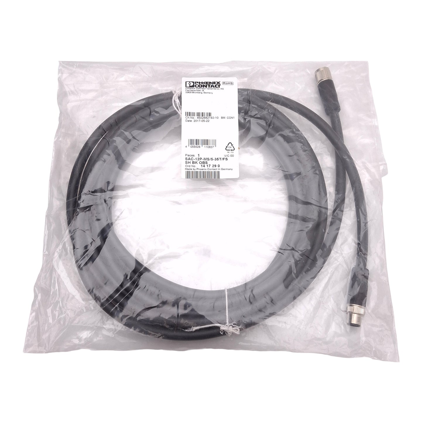 New Phoenix Contact 1417290 Sensor/Actuator Cable, 30V 1.5A, A-Coded, M12 12-Pin, 5m