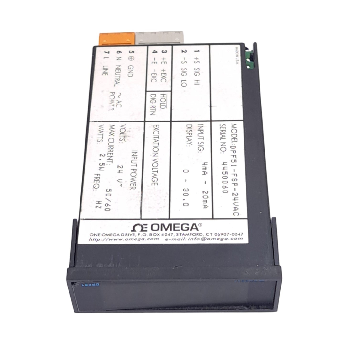 Used OMEGA DPF51-FSP-24VAC Compact Process Meter, 3/64 DIN Panel, 4-20mA Input, 24VAC