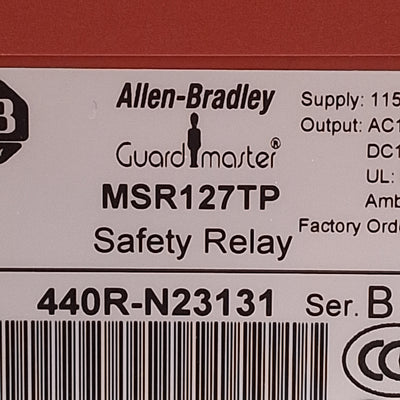 Used Allen Bradley 440R-N23131 Guardmaster Safety Relay, 3NO + 1NC Aux, 115VAC Supply