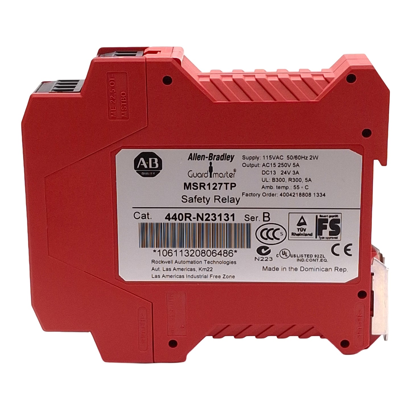 Used Allen Bradley 440R-N23131 Guardmaster Safety Relay, 3NO + 1NC Aux, 115VAC Supply