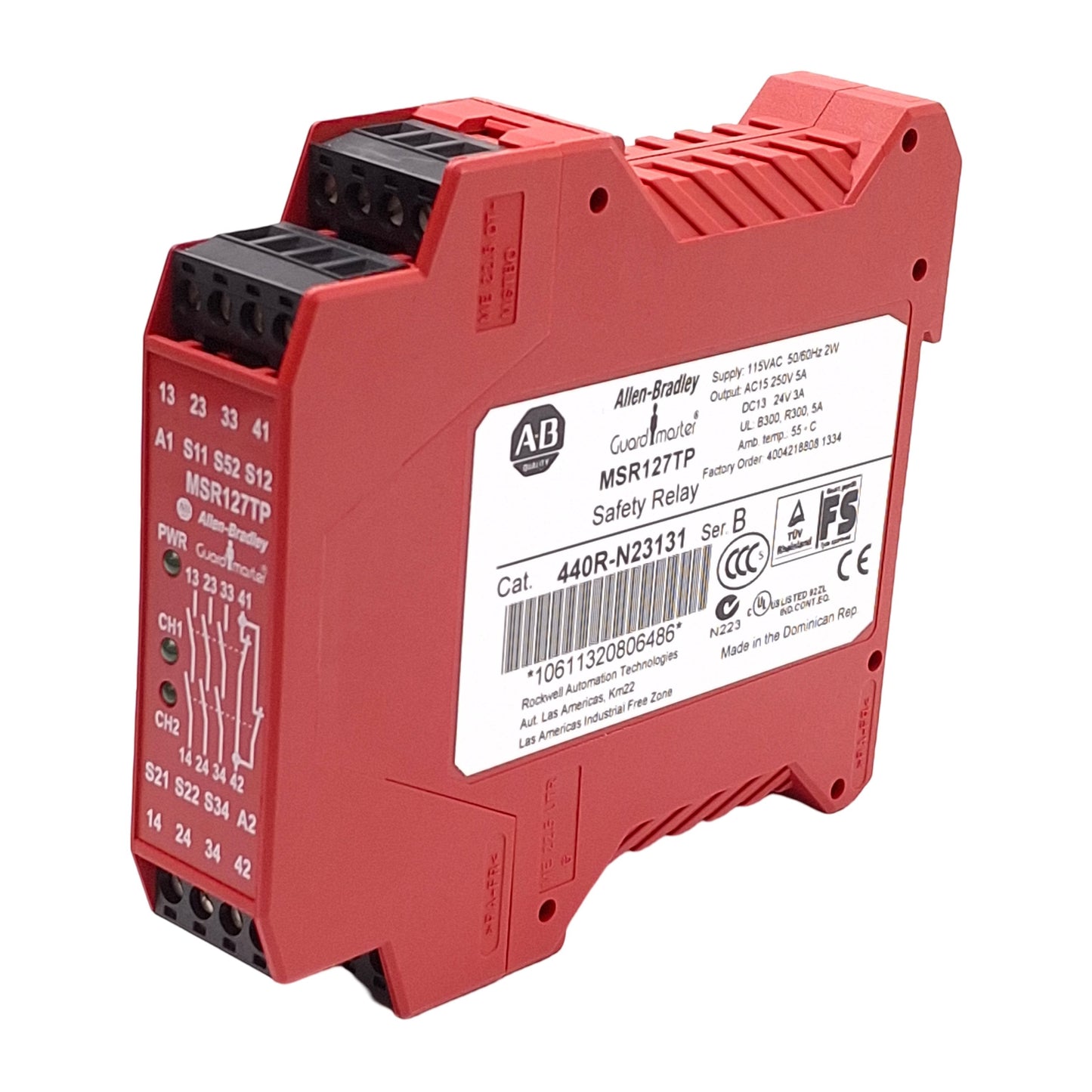 Used Allen Bradley 440R-N23131 Guardmaster Safety Relay, 3NO + 1NC Aux, 115VAC Supply