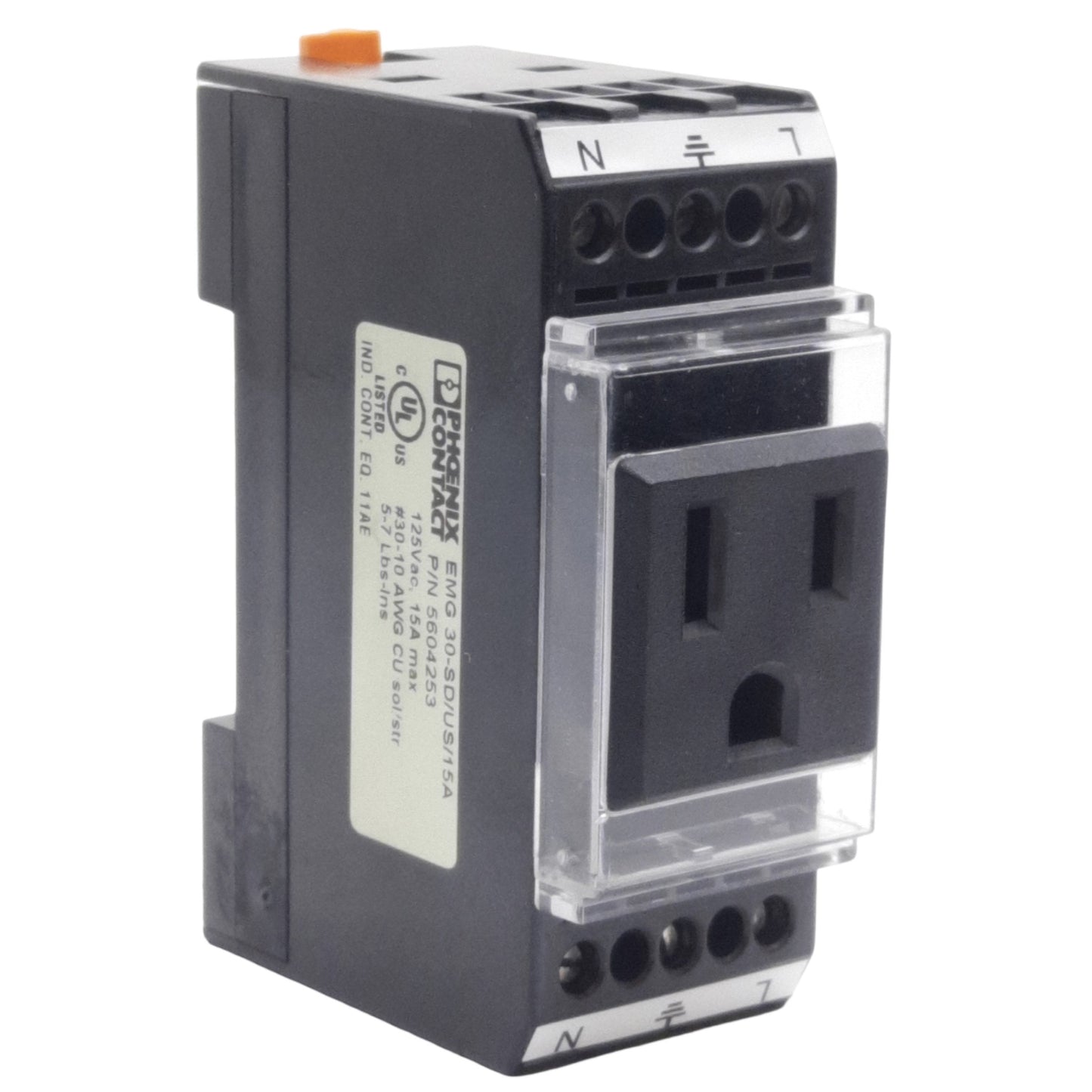 New Phoenix Contact EMG 30-SD/US/15A DIN Mount Outlet 5-15 to Screw Term, 125VAC 15A