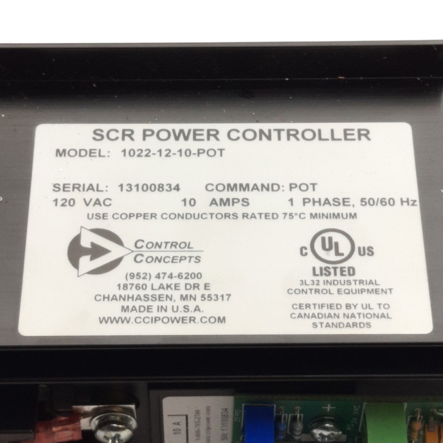 Used Control Concepts1022-12-10-POT Power Controller 120VAC Supply, 0-5VDC Command
