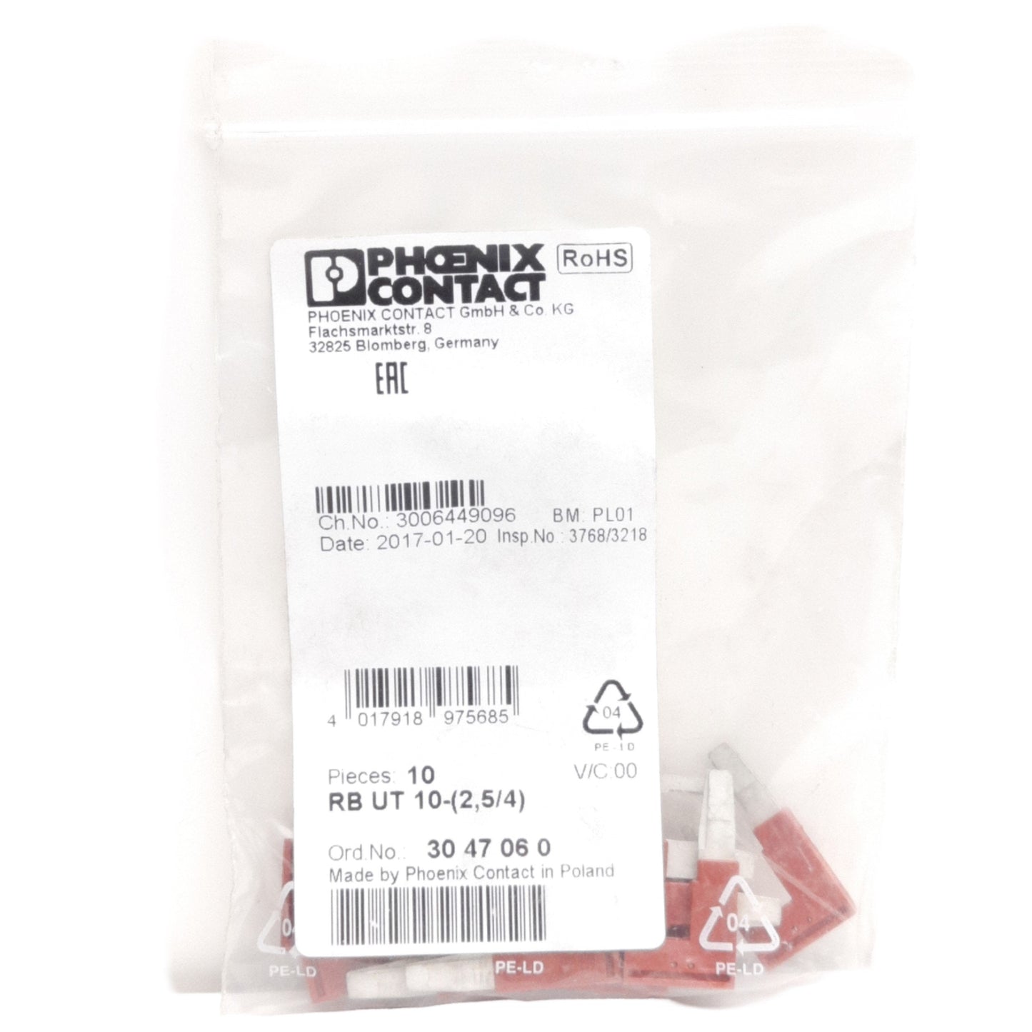 New Lot of 10 Phoenix Contact 3047060 Reducing Bridge, 2-Pos, 10.2mm Pitch, 29mm L