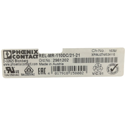 New Lot of 5 Phoenix Contact 2961202 Relay, 2 C.O. 250VAC/DC 8A Contact 110VDC Coil