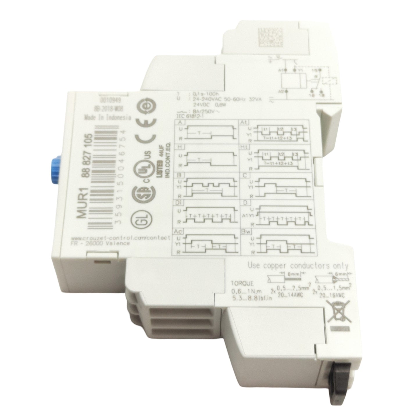 Used Crouzet MUR1 88827105 Timer Relay, 1-10s...100h, 8A 250VAC Contact Rating 1CO