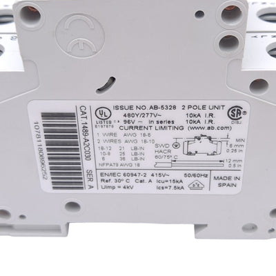 Used Allen Bradley 1489-A2C030 Circuit Breaker, 2-Pole, 480Y/277VAC, 96VDC, 3A, DIN