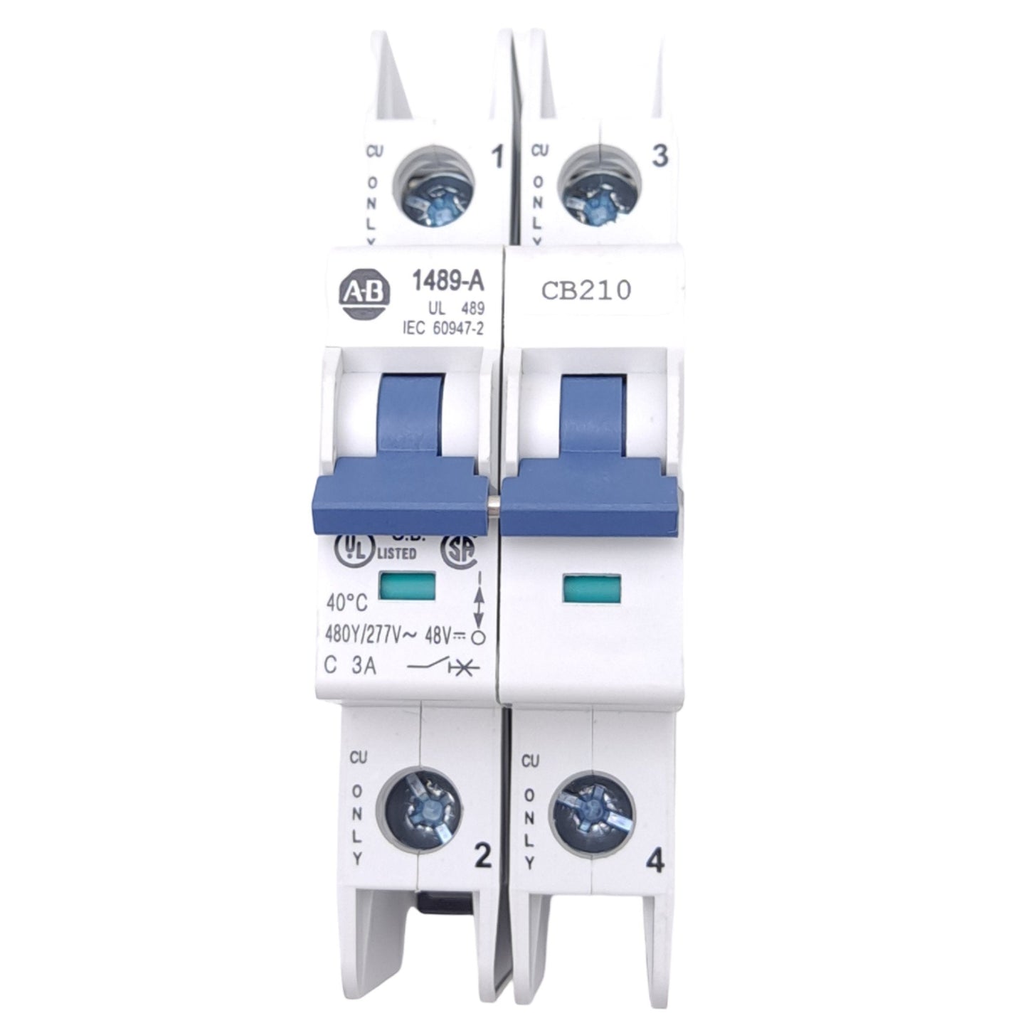 Used Allen Bradley 1489-A2C030 Circuit Breaker, 2-Pole, 480Y/277VAC, 96VDC, 3A, DIN