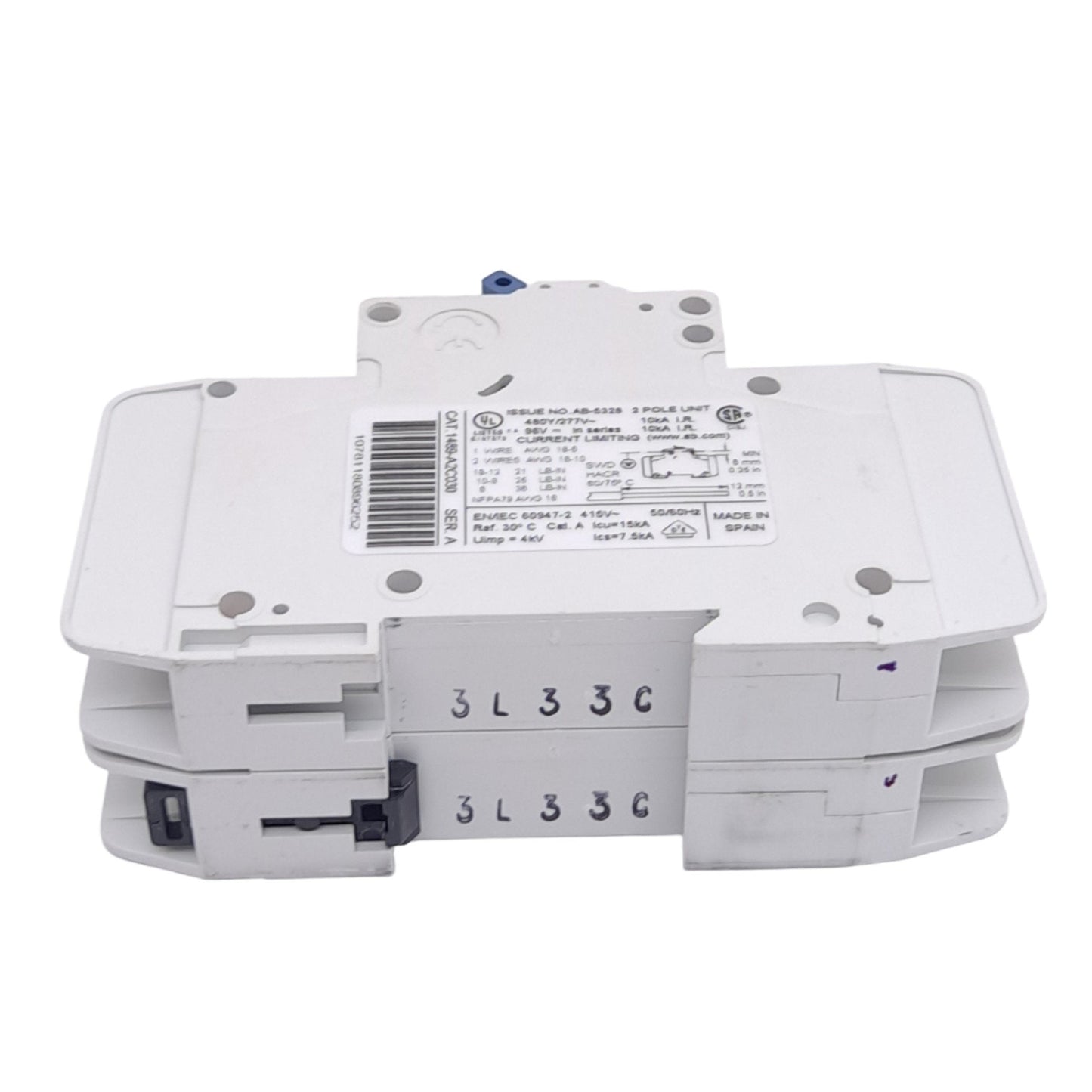 Used Allen Bradley 1489-A2C030 Circuit Breaker, 2-Pole, 480Y/277VAC, 96VDC, 3A, DIN