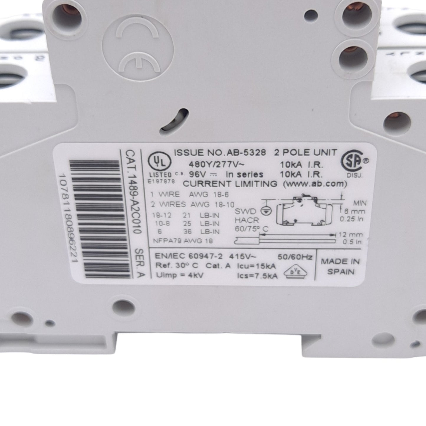 Used Allen Bradley 1489-A2C010 Circuit Breaker, 2-Pole, 480Y/277VAC, 96VDC, 1A, DIN