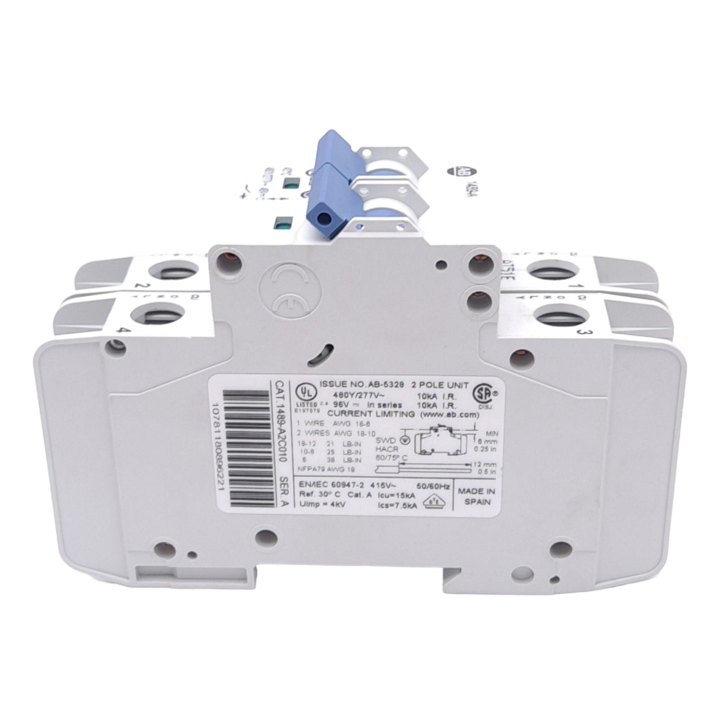 Used Allen Bradley 1489-A2C010 Circuit Breaker, 2-Pole, 480Y/277VAC, 96VDC, 1A, DIN