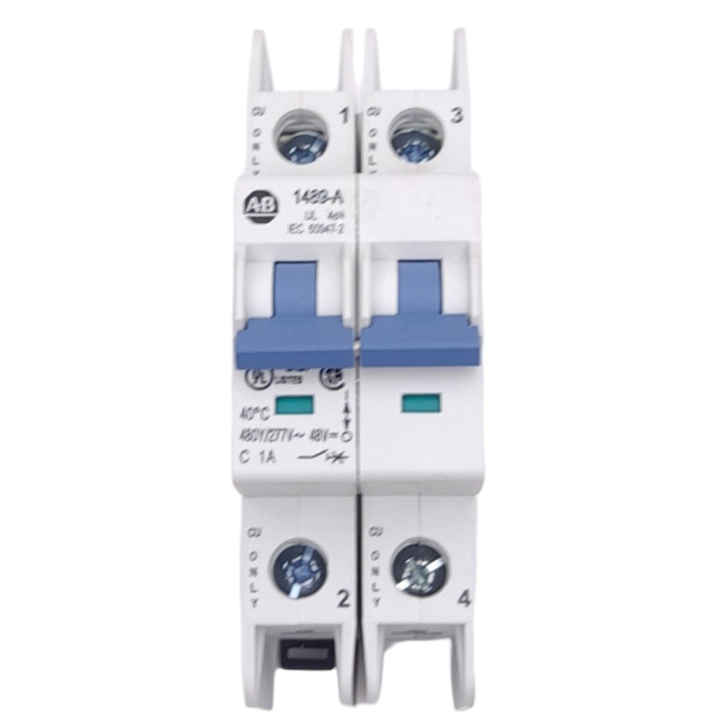 Used Allen Bradley 1489-A2C010 Circuit Breaker, 2-Pole, 480Y/277VAC, 96VDC, 1A, DIN