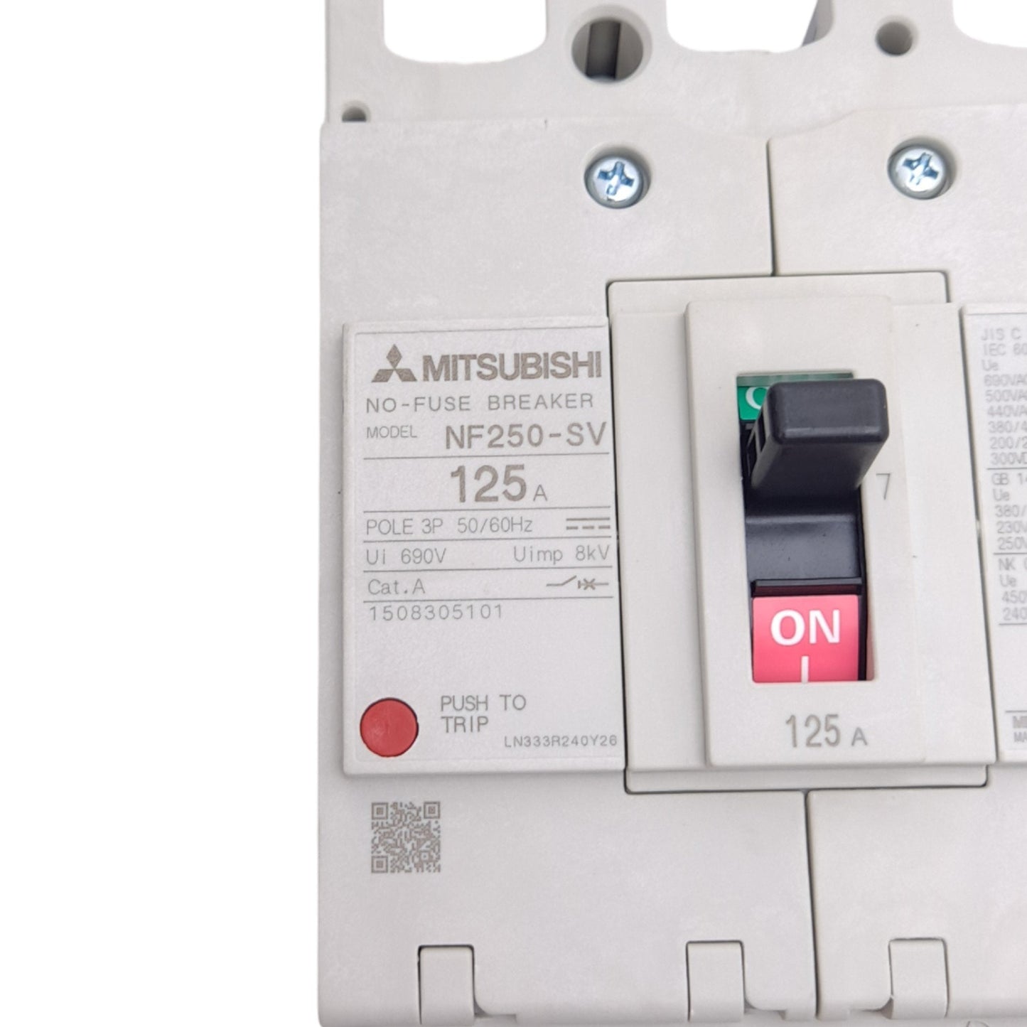 New Mitsubishi NF250-SV No-Fuse Circuit Breaker, 3-Pole, 690VAC 125A, w/ UVT Module