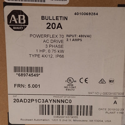 New Allen Bradley 20AD2P1C3AYNNNC0 Powerflex 70 AC Drive 3Ø, 480VAC In, 0-460VAC Out