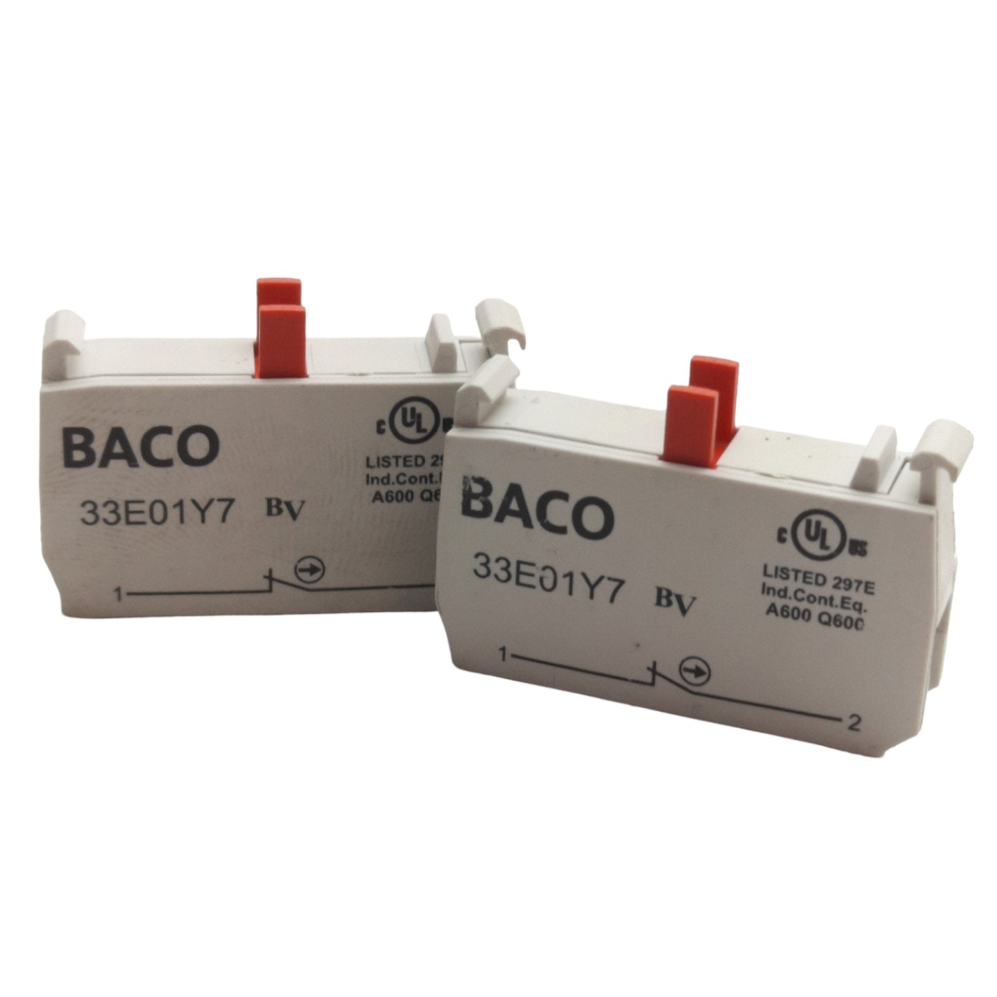Used Lot of 2 Baco 33E01Y7 Pushbutton Contact Blocks, 1NC, 22mm, 5VDC/60VAC...1A Max