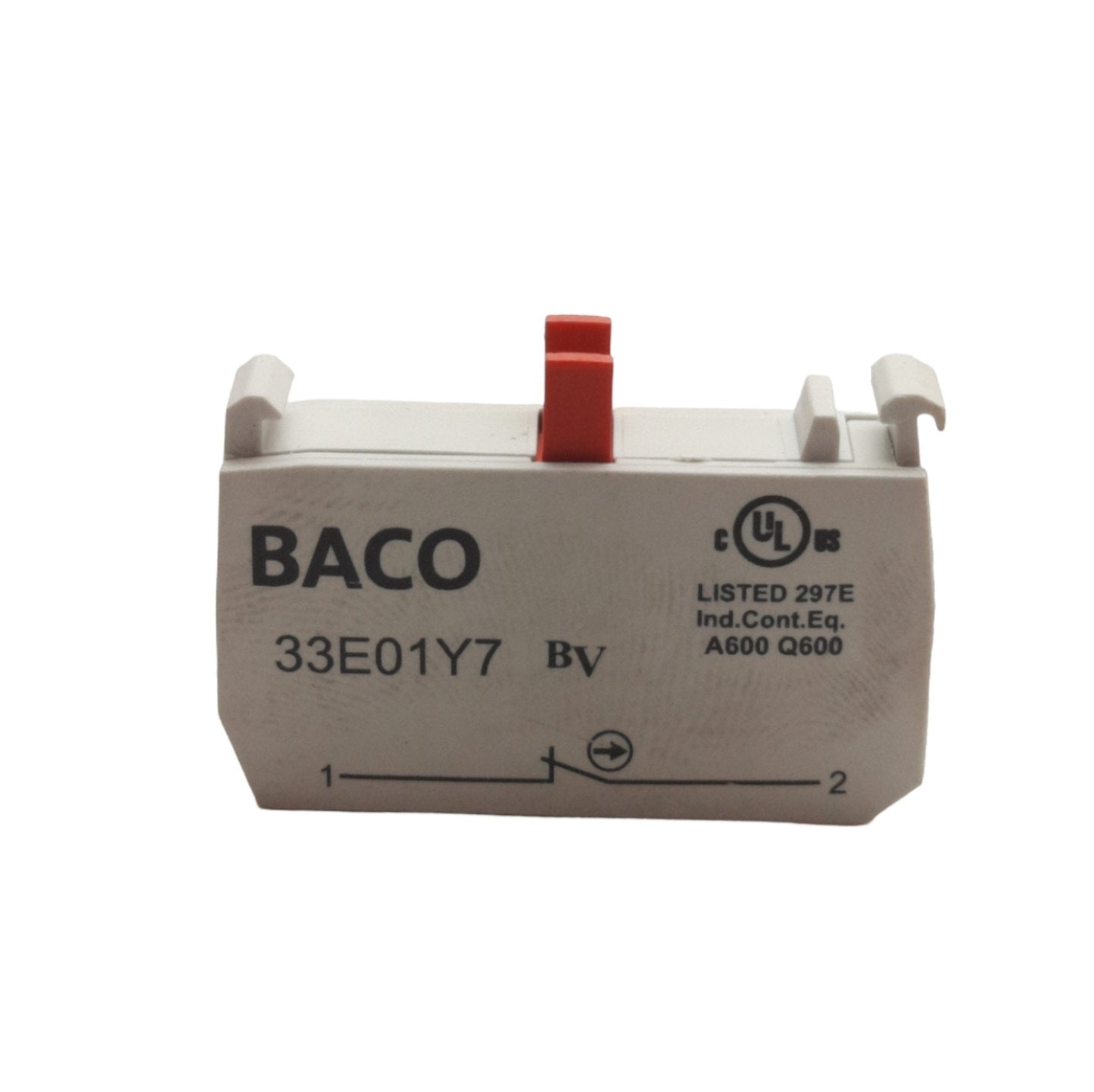 Used Lot of 2 Baco 33E01Y7 Pushbutton Contact Blocks, 1NC, 22mm, 5VDC/60VAC...1A Max