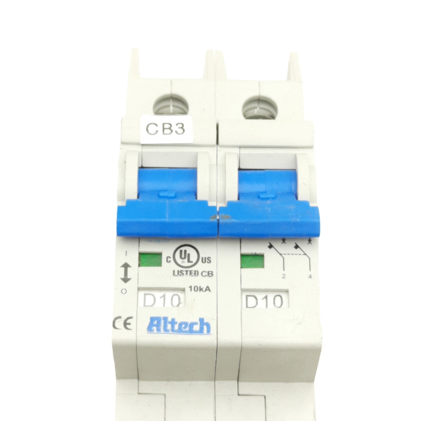 Used Altech 2DU10L Circuit Breaker, 2-Pole, 480Y/277VAC, 240VAC, 10A, DIN Mount