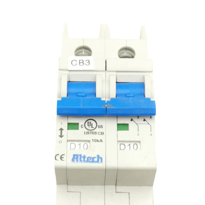Used Altech 2DU10L Circuit Breaker, 2-Pole, 480Y/277VAC, 240VAC, 10A, DIN Mount