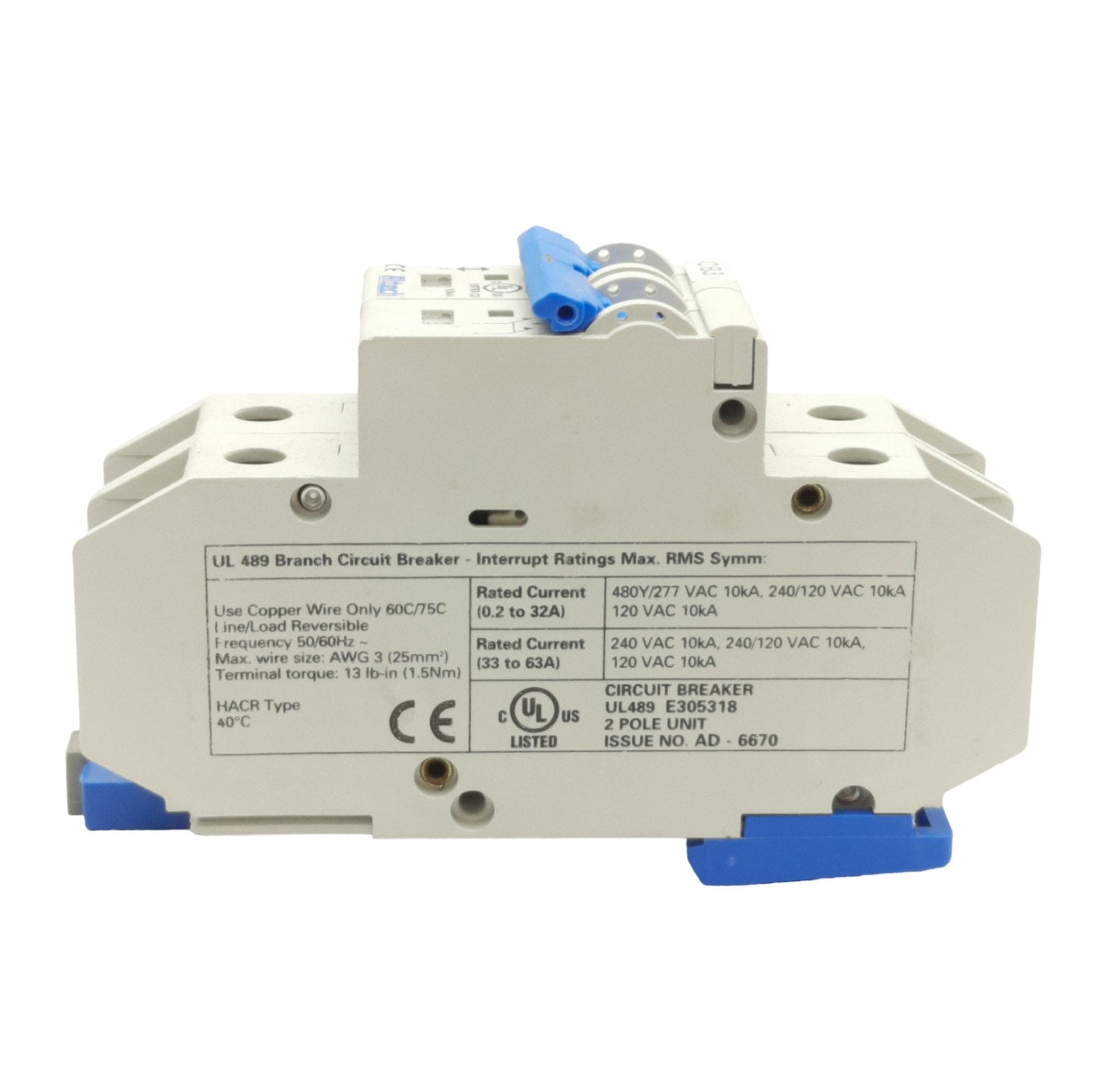 Used Altech 2DU10L Circuit Breaker, 2-Pole, 480Y/277VAC, 240VAC, 10A, DIN Mount