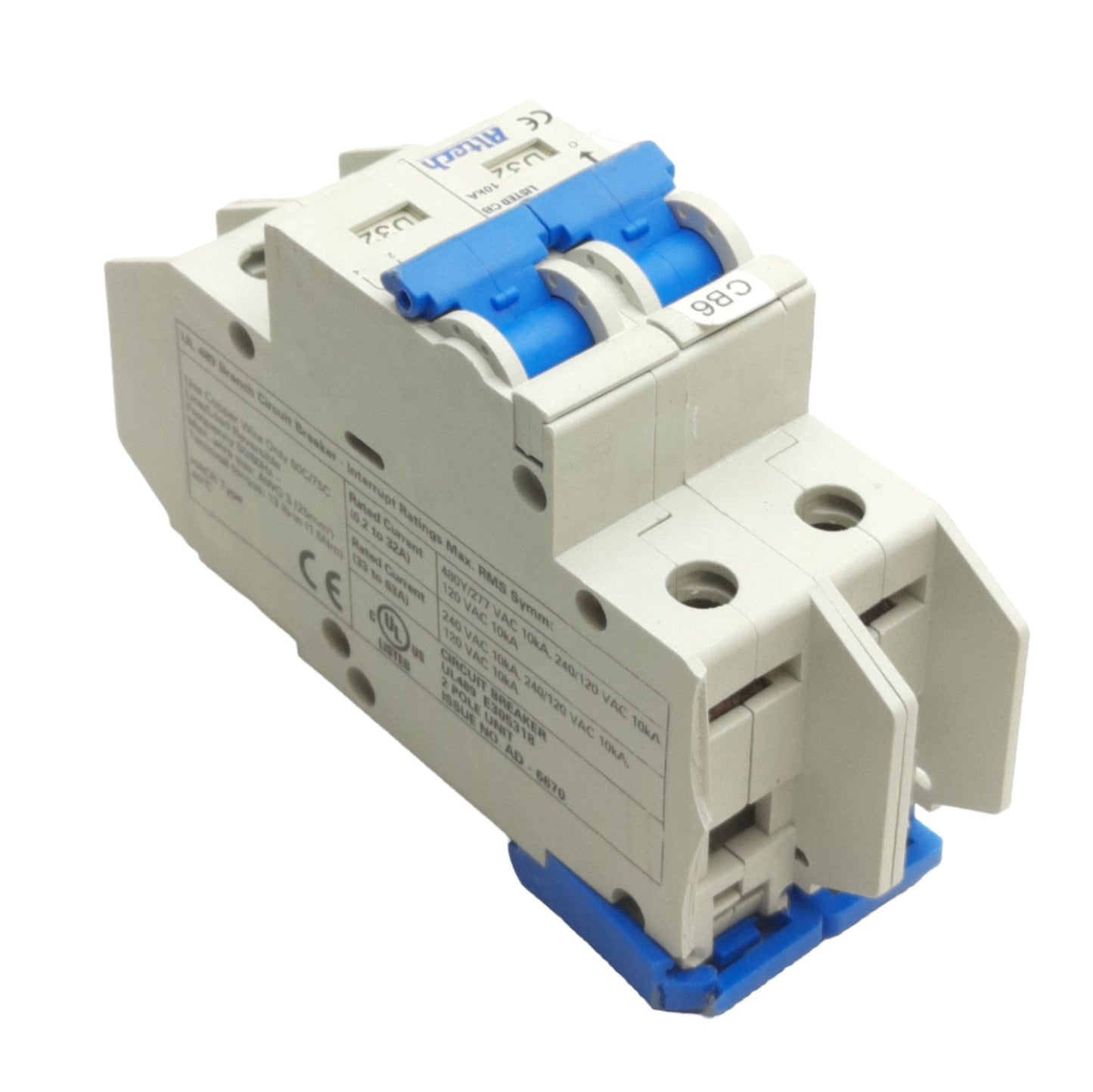 Used Altech 2DU32L Circuit Breaker, 2-Pole, 480Y/277VAC, 240VAC, 32A, DIN Mount