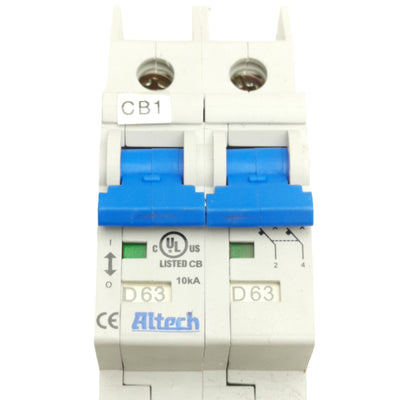 Used Altech 2DU63L Circuit Breaker, 2-Pole, 480Y/277VAC, 240VAC, 63A, DIN Mount