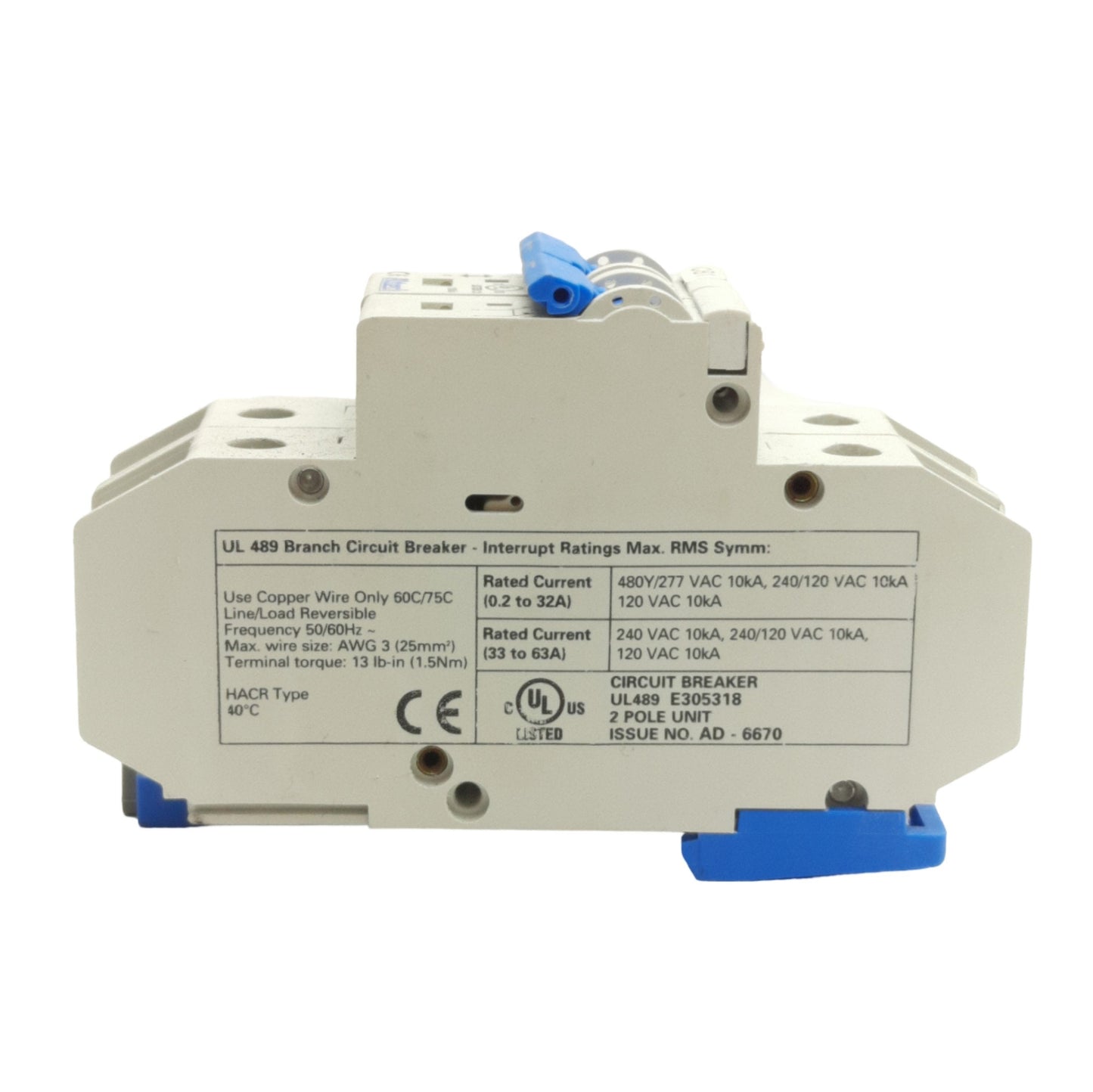 Used Altech 2DU63L Circuit Breaker, 2-Pole, 480Y/277VAC, 240VAC, 63A, DIN Mount