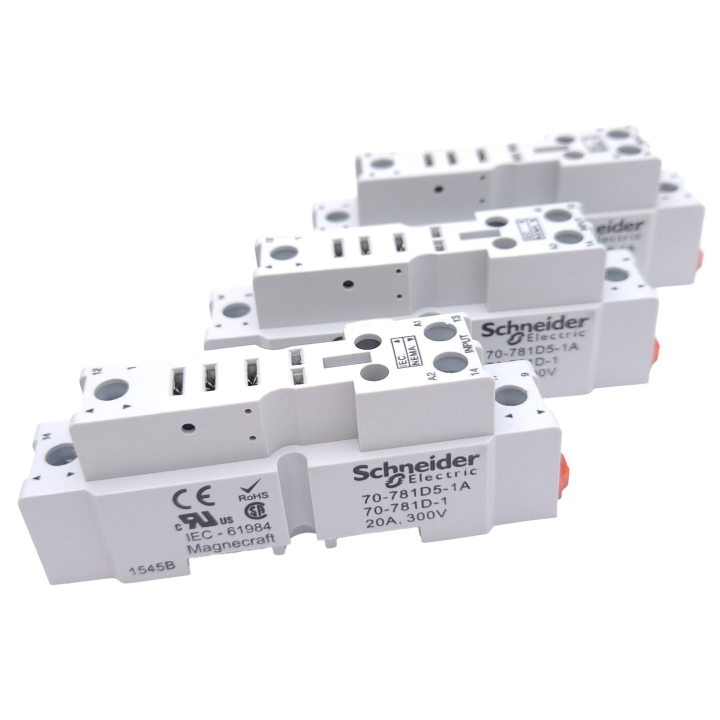 New Lot of 3 Schneider Electric 70-781D5-1A Relay Sockets, 5-Pin, 300V 20A, DIN