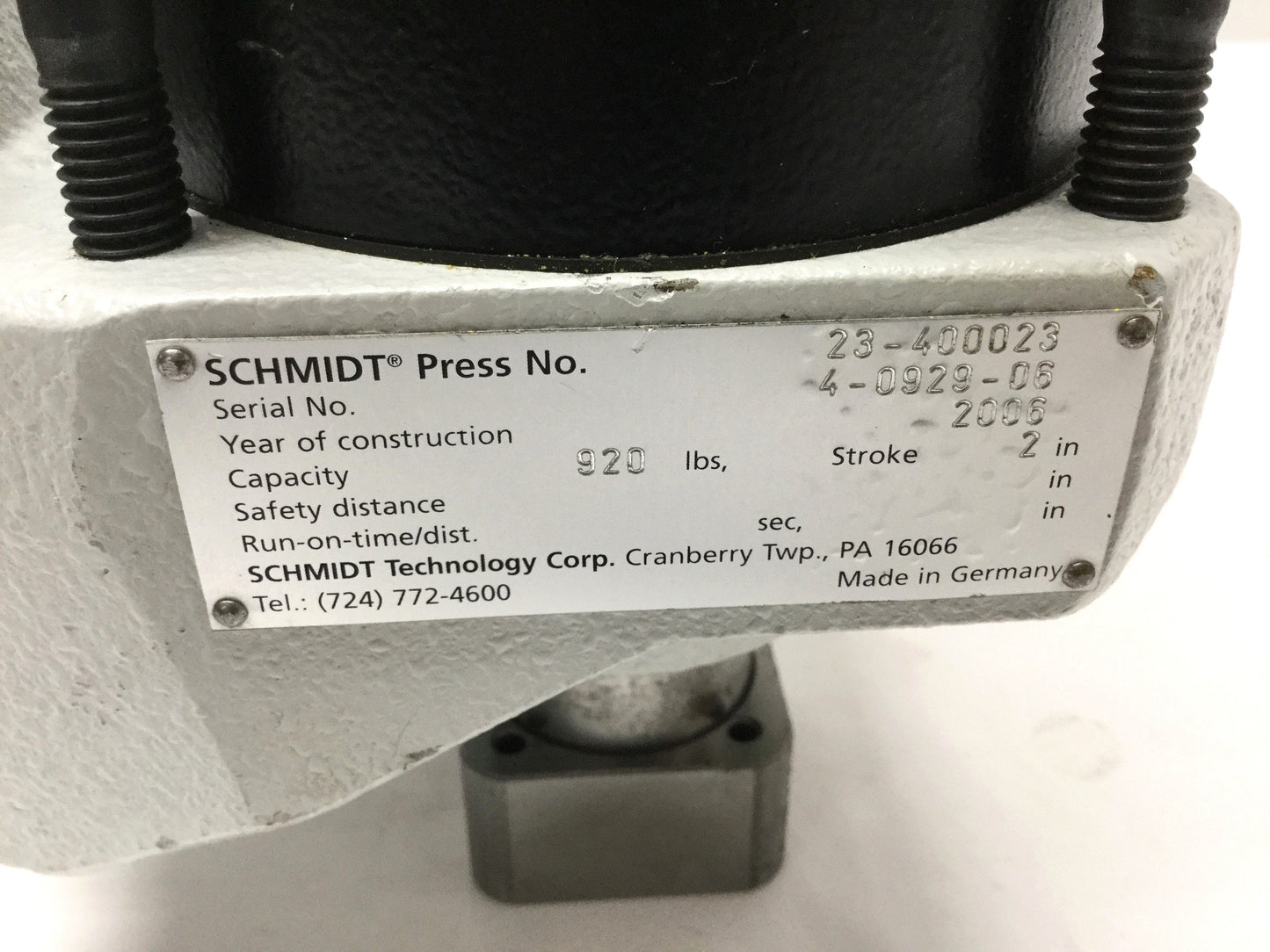 Used Schmidt Type 23 Pneumatic Direct-Acting Press Head Ram Actuator 920lb, 2" Stroke