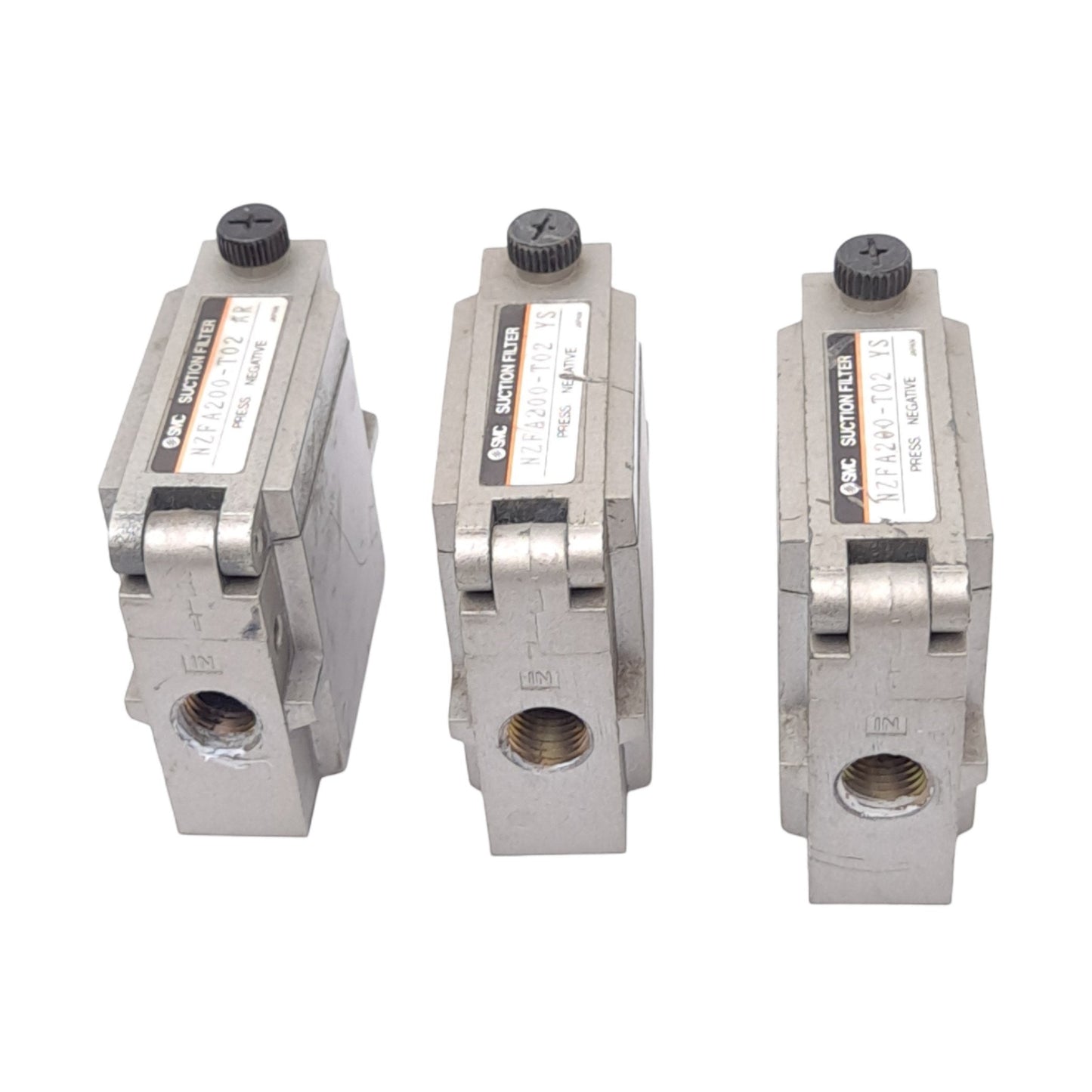 Used Lot of 3 SMC NZFA200-T02 Suction Filters, 30µm Filtration, 1/4in NPTF, -12 psi