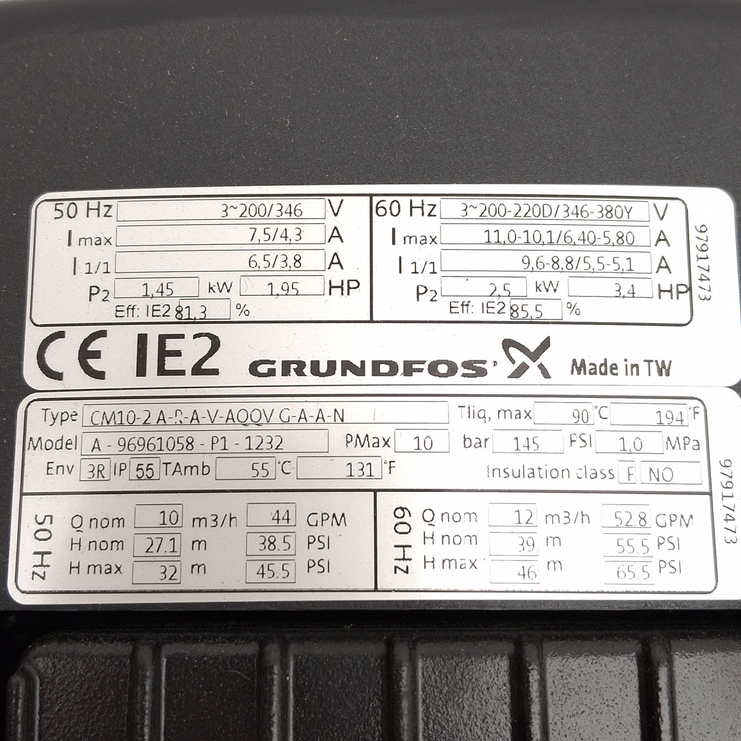 New Grundfos 96961058 Multi-Stage Pump, 3Ø 220Δ/380Y 2.5kW, 52.8GPM, 1-1/2in NPT