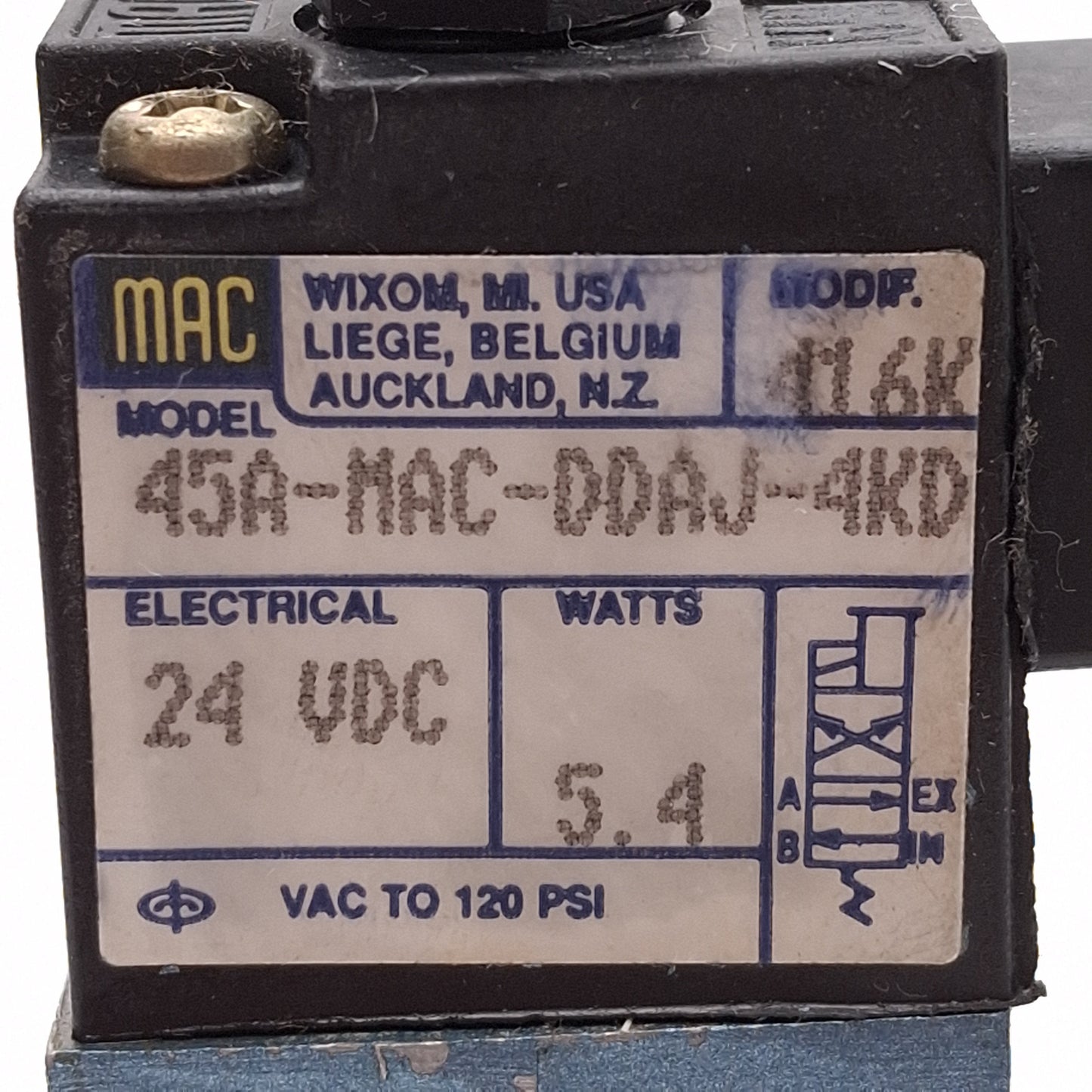Used MAC 45A-MAC-DDAJ-4KD Solenoid Valve, 4-Way 2-Position, Vac-120PSI, 24VDC Coil
