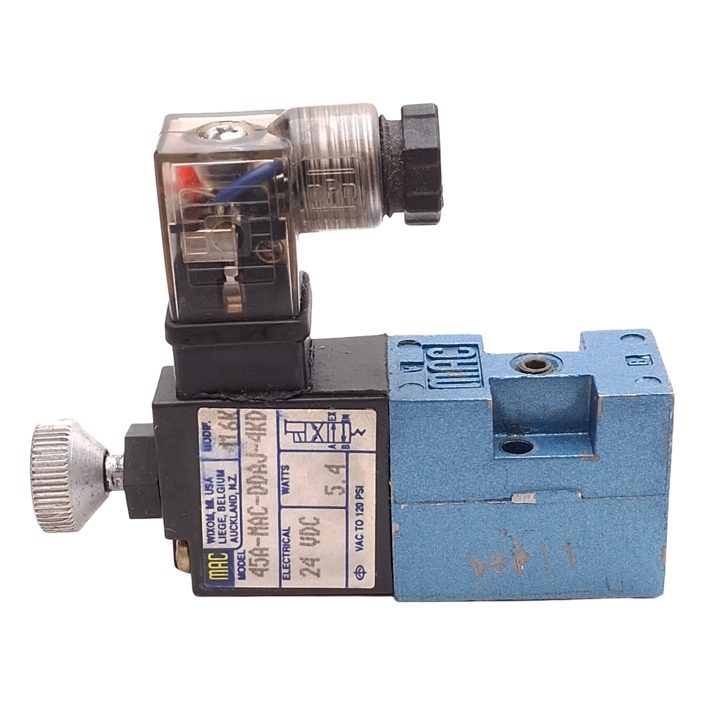Used MAC 45A-MAC-DDAJ-4KD Solenoid Valve, 4-Way 2-Position, Vac-120PSI, 24VDC Coil